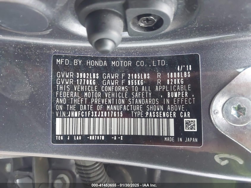 2018 HONDA CIVIC VIN: JHMFC1F3XJX017615