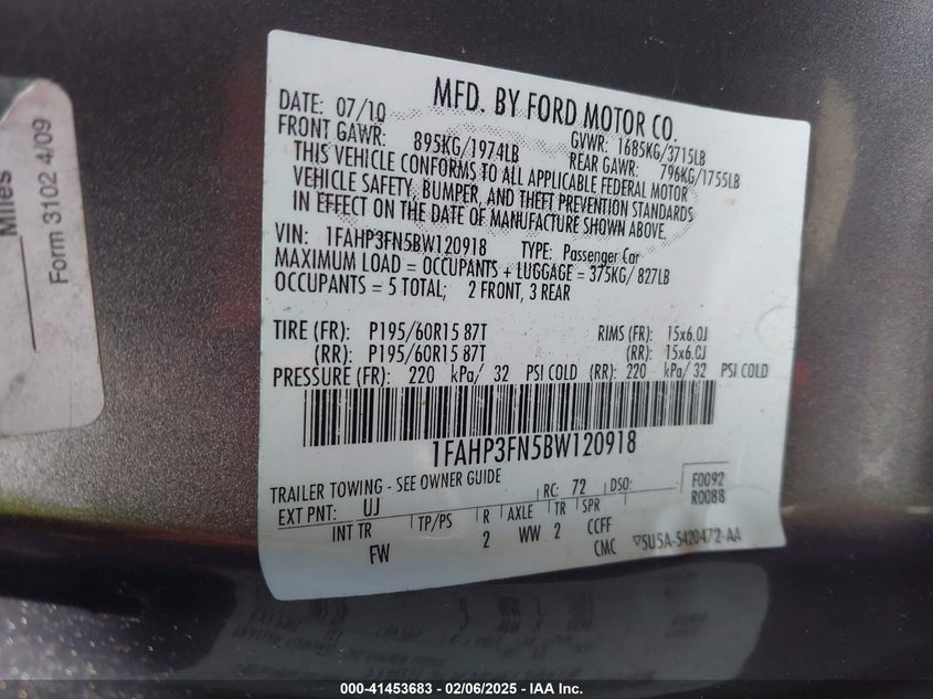 2011 FORD FOCUS VIN: 1FAHP3FN5BW120918