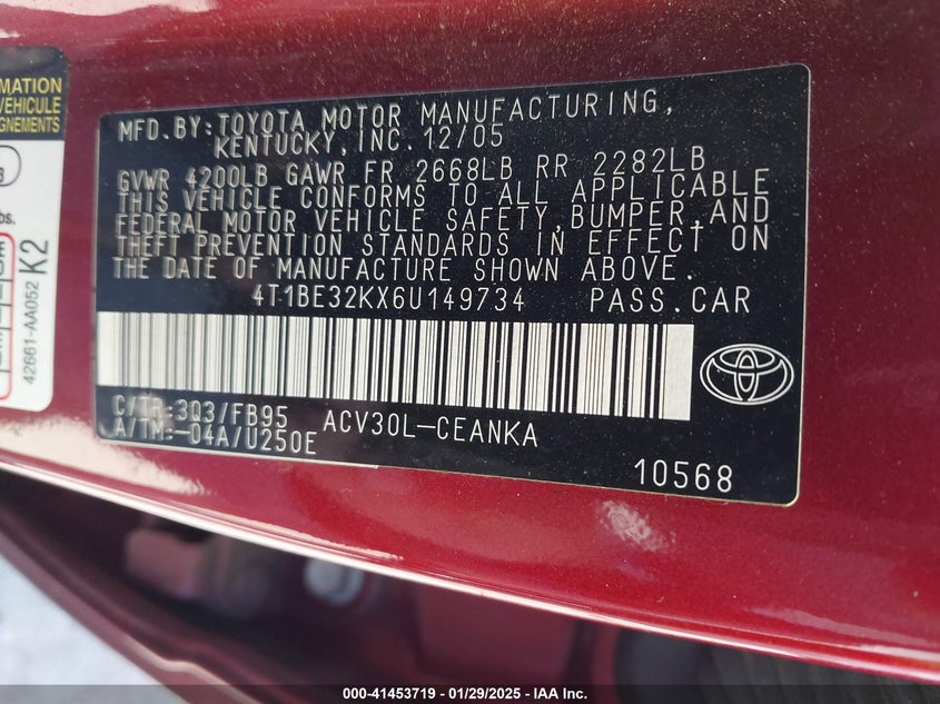 2006 TOYOTA CAMRY VIN: 4T1BE32KX6U149734