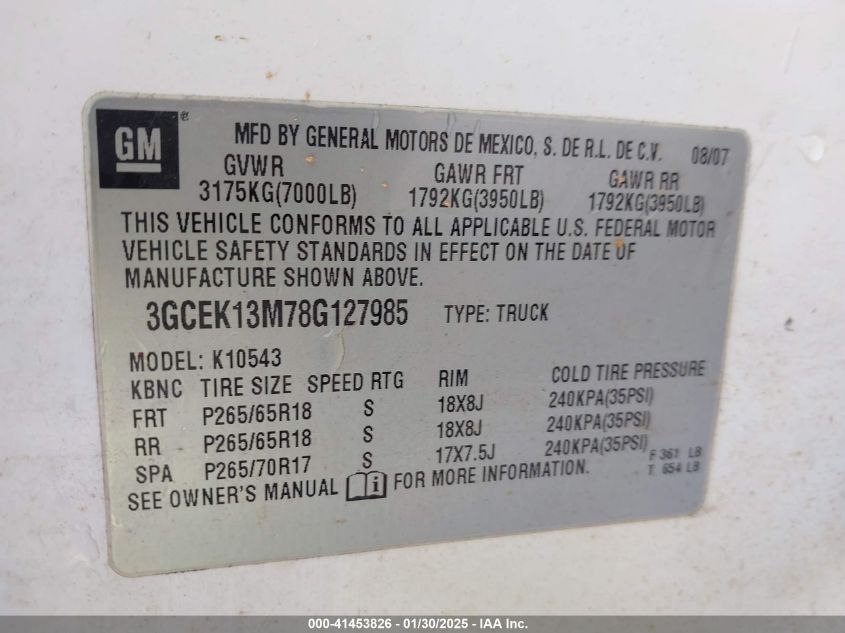 2008 Chevrolet Silverado 1500 Lt1 VIN: 3GCEK13M78G127985 Lot: 41453826