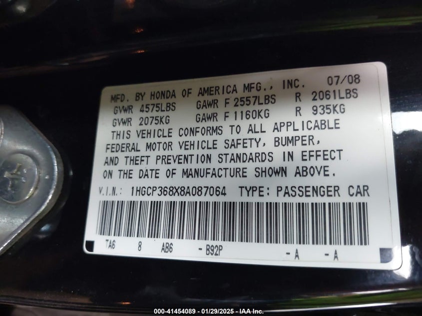2008 HONDA ACCORD VIN: 1HGCP368X8A087064
