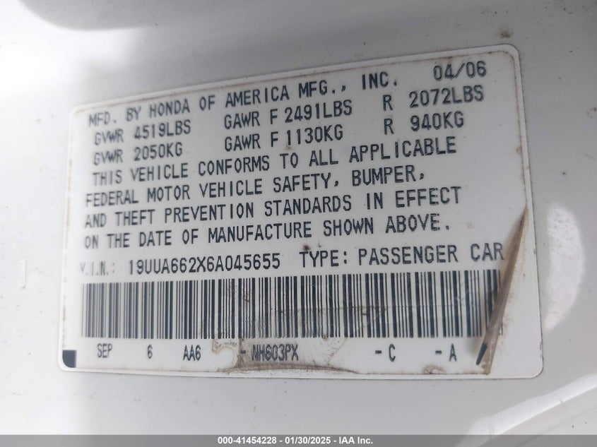 2006 ACURA TL VIN: 19UUA662X6A045655