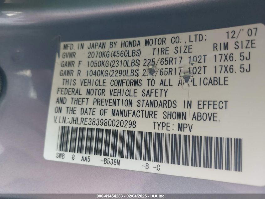 2008 Honda Cr-V Lx VIN: JHLRE38398C020298 Lot: 41454283