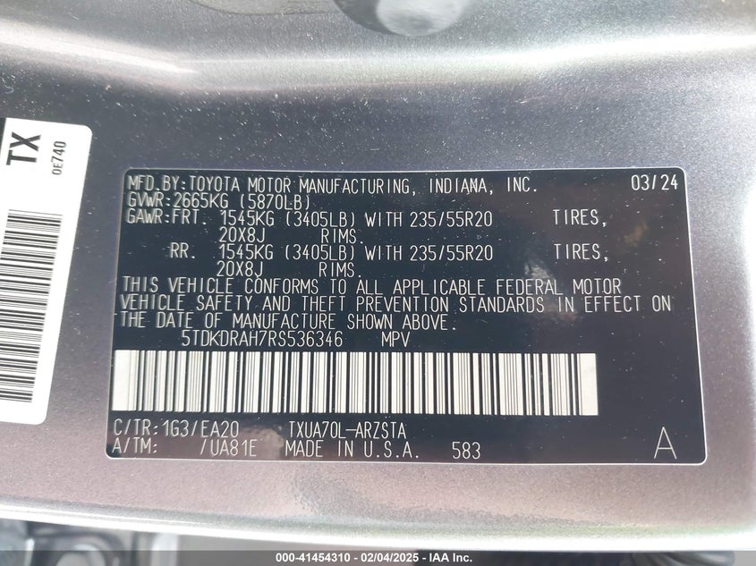 2024 TOYOTA HIGHLANDER VIN: 5TDKDRAH7RS536346