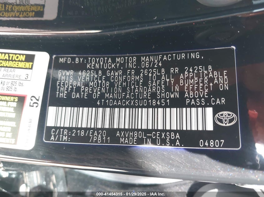 2025 TOYOTA CAMRY VIN: 4T1DAACKXSU018451
