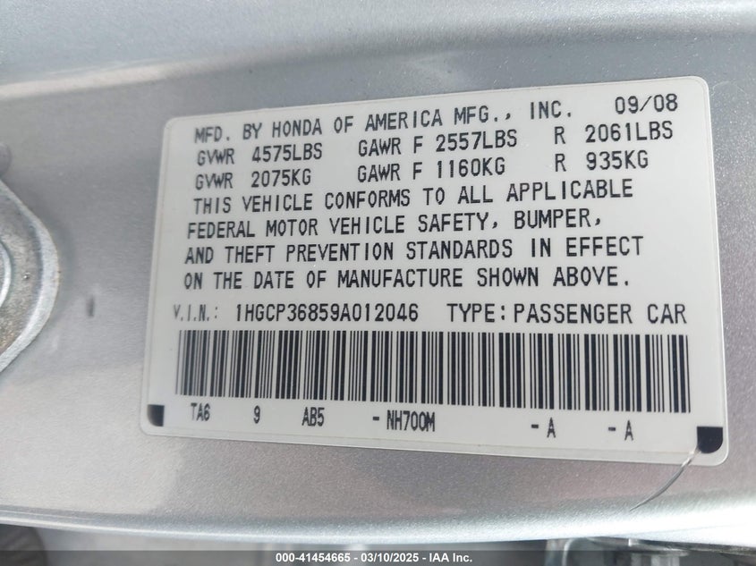 2009 HONDA ACCORD SDN VIN: 1HGCP36859A012046