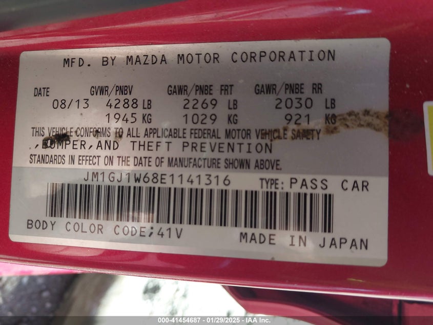 2014 MAZDA MAZDA6 VIN: JM1GJ1W68E1141316