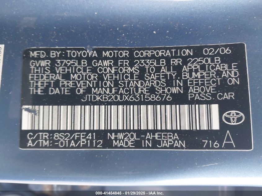 2006 Toyota Prius VIN: JTDKB20UX63158676 Lot: 41454845