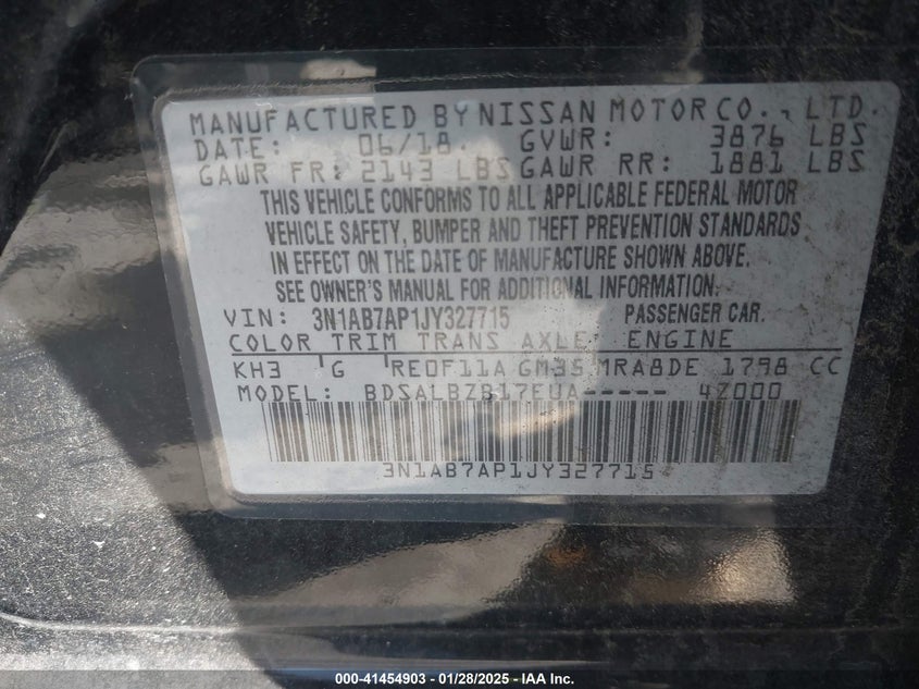 2018 NISSAN SENTRA VIN: 3N1AB7AP1JY327715