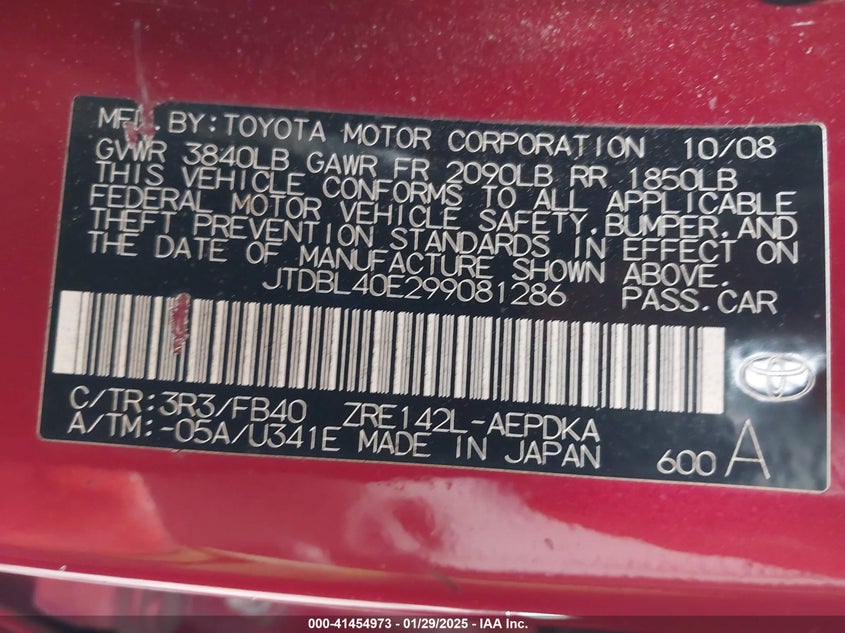 2009 TOYOTA COROLLA VIN: JTDBL40E299081286