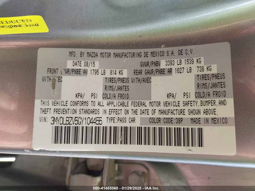 2016 TOYOTA SCION IA VIN: 3MYDLBZV5GY104455