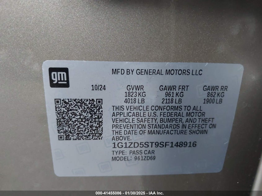 2025 CHEVROLET MALIBU VIN: 1G1ZD5ST9SF148916