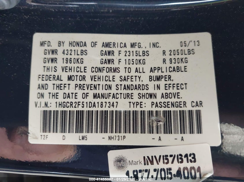 2013 HONDA ACCORD VIN: 1HGCR2F51DA187347
