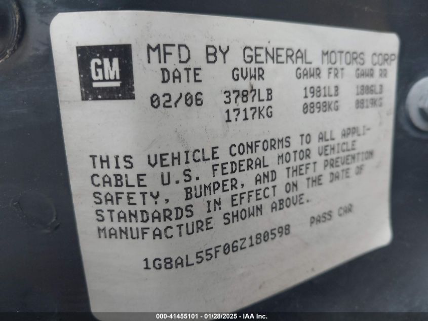 2006 Saturn Ion 3 VIN: 1G8AL55F06Z180598 Lot: 41455101