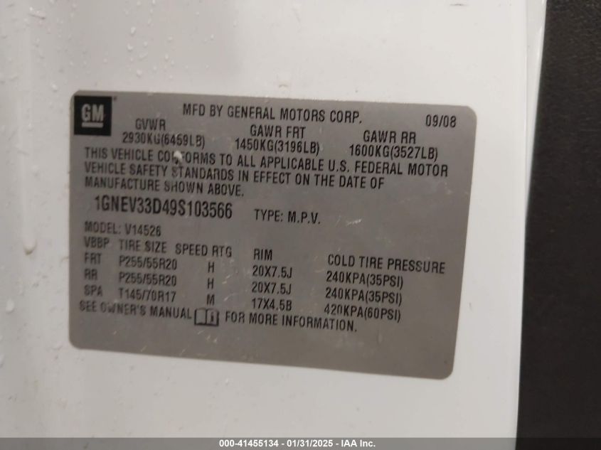 2009 Chevrolet Traverse Ltz VIN: 1GNEV33D49S103566 Lot: 41455134