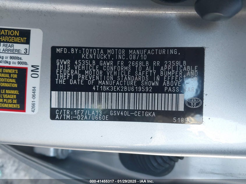 2011 TOYOTA CAMRY VIN: 4T1BK3EK2BU619592