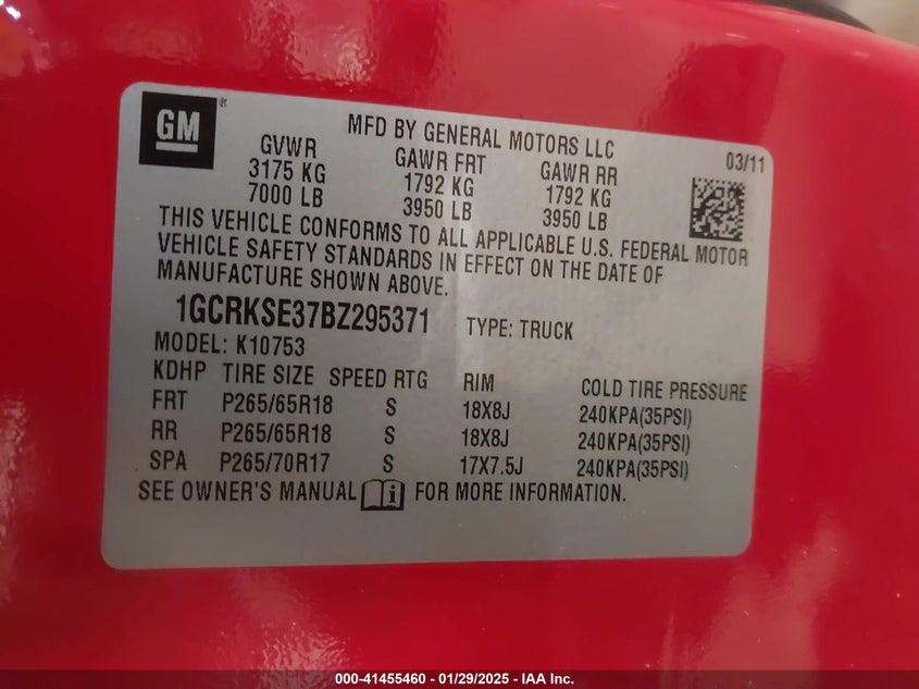2011 CHEVROLET SILVERADO VIN: 1GCRKSE37BZ295371
