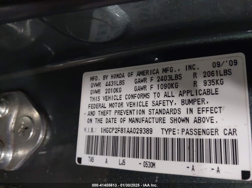 2010 Honda Accord 2.4 Ex-L VIN: 1HGCP2F81AA02938 Lot: 41455613