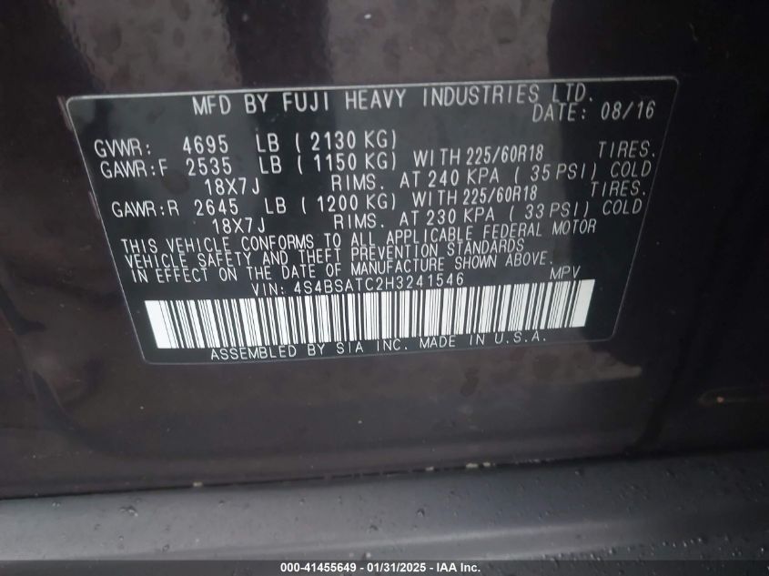 2017 Subaru Outback 2.5I Touring VIN: 4S4BSATC2H3241546 Lot: 41455649