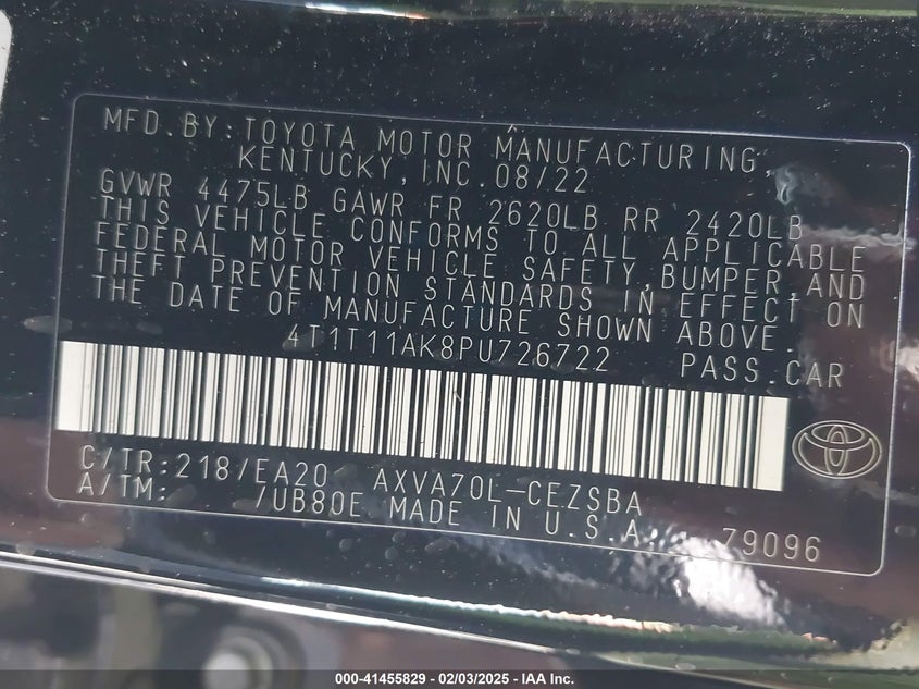 2023 TOYOTA CAMRY VIN: 4T1T11AK8PU726722