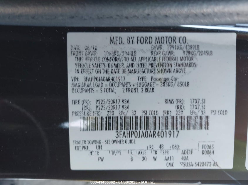 2010 FORD FUSION VIN: 3FAHP0JA0AR401917