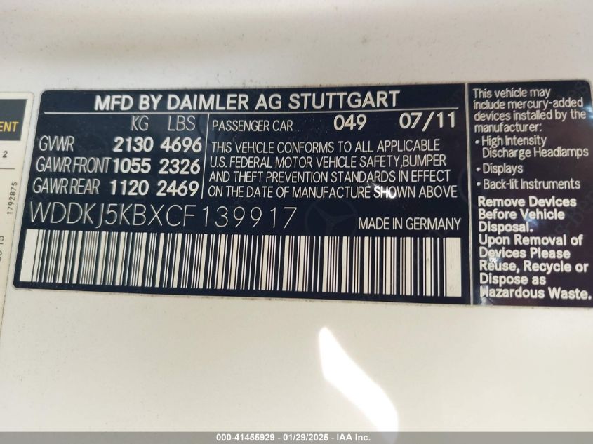 2012 Mercedes-Benz E 350 VIN: WDDKJ5KBXCF139917 Lot: 41455929