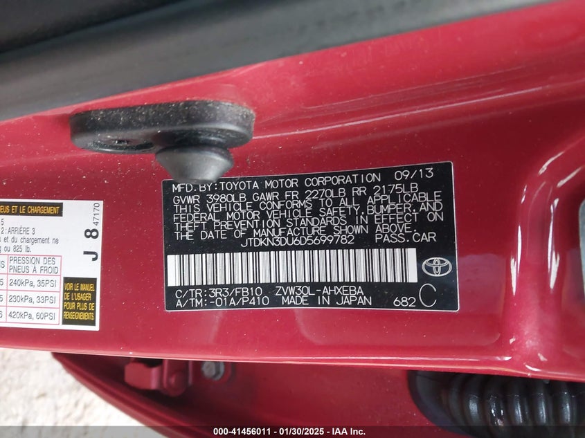 2013 TOYOTA PRIUS VIN: JTDKN3DU6D5699782