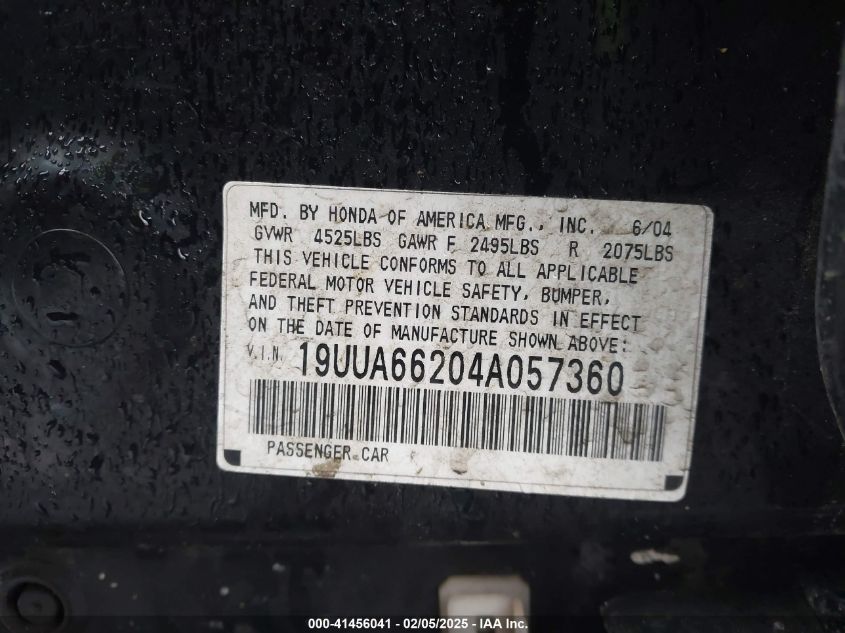 2004 Acura Tl VIN: 19UUA66204A057360 Lot: 41456041