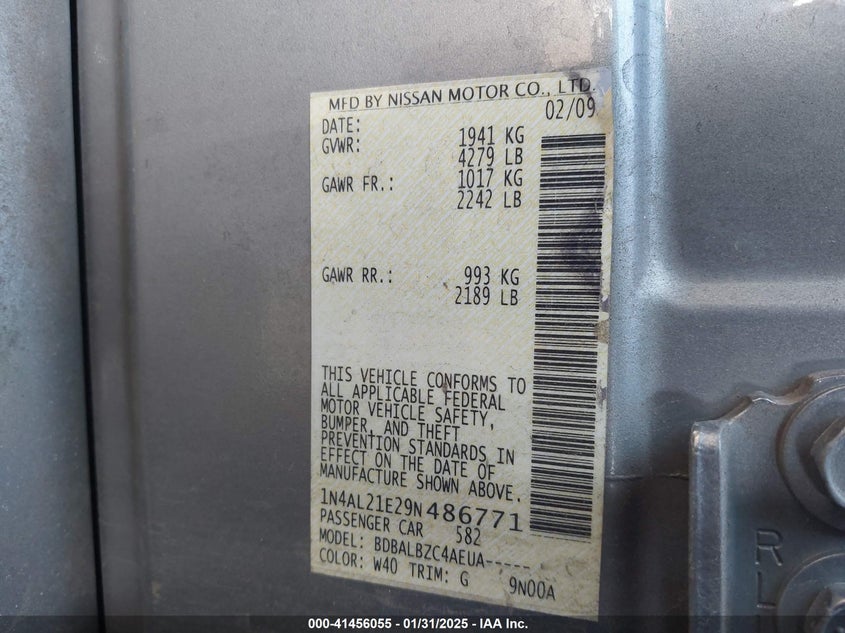2009 NISSAN ALTIMA VIN: 1N4AL21E29N486771