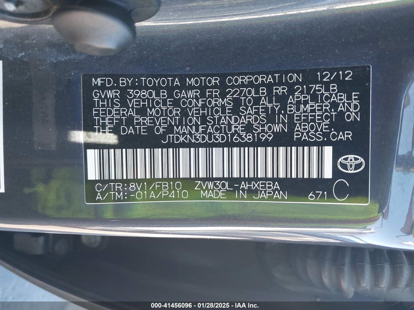 2013 TOYOTA PRIUS VIN: JTDKN3DU3D1638199