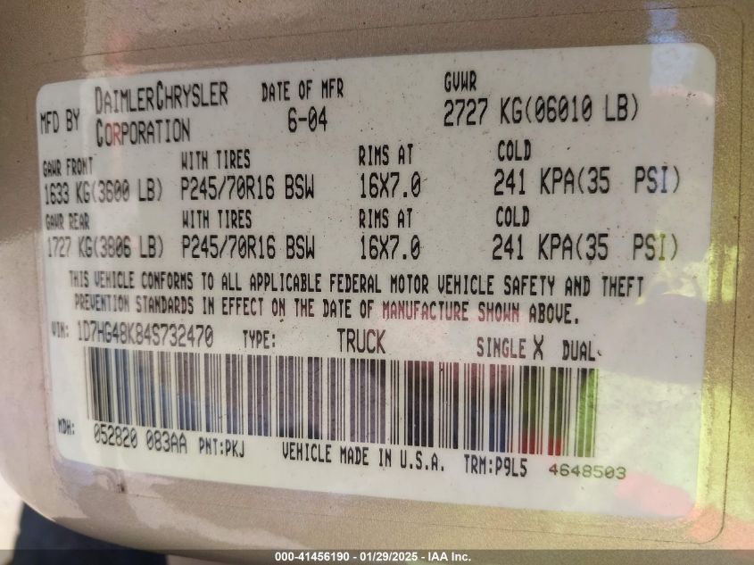 2004 Dodge Dakota Slt VIN: 1D7HG48K84S732470 Lot: 41456190