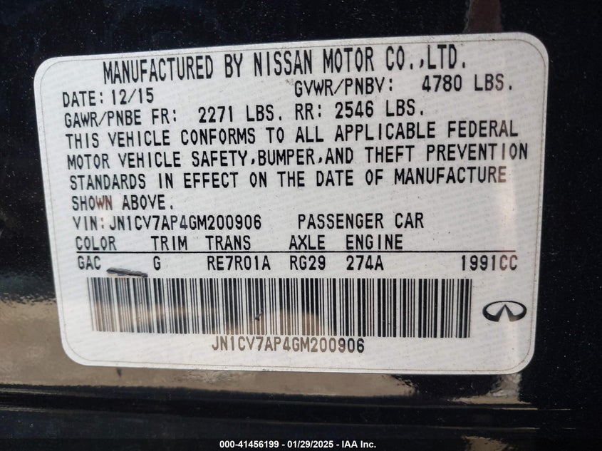 2016 INFINITI Q50 VIN: JN1CV7AP4GM200906