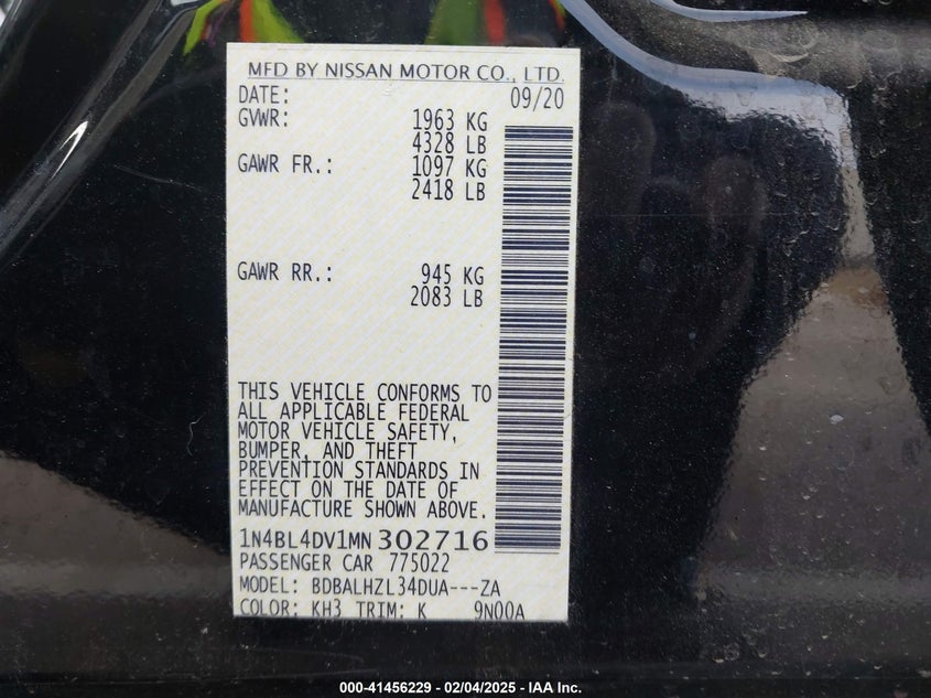 2021 NISSAN ALTIMA VIN: 1N4BL4DV1MN302716
