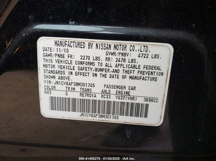 2011 INFINITI G37 VIN: JN1CV6AP3BM301745