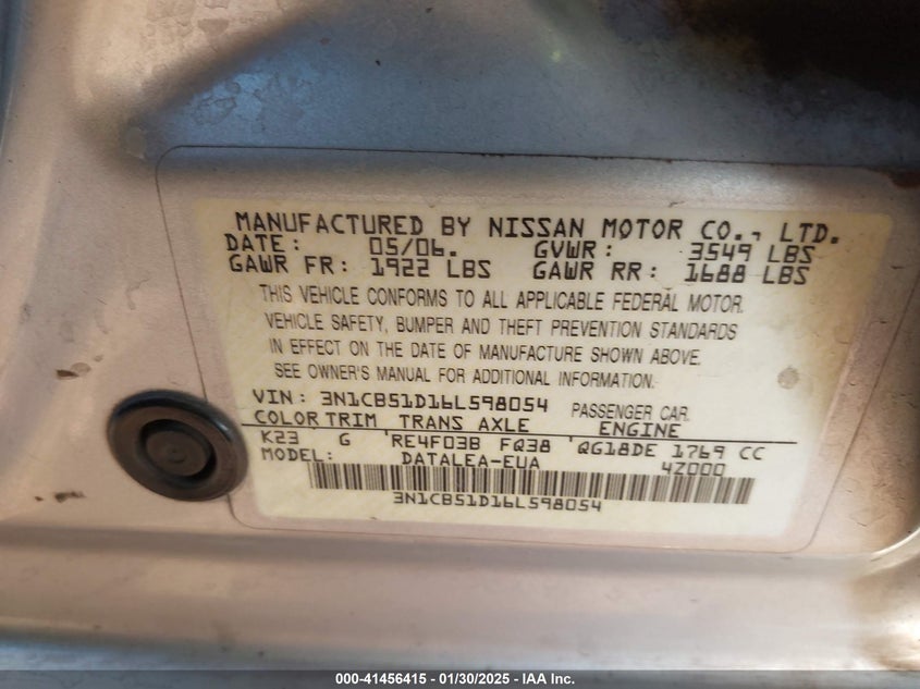 2006 NISSAN SENTRA VIN: 3N1CB51D16L598054