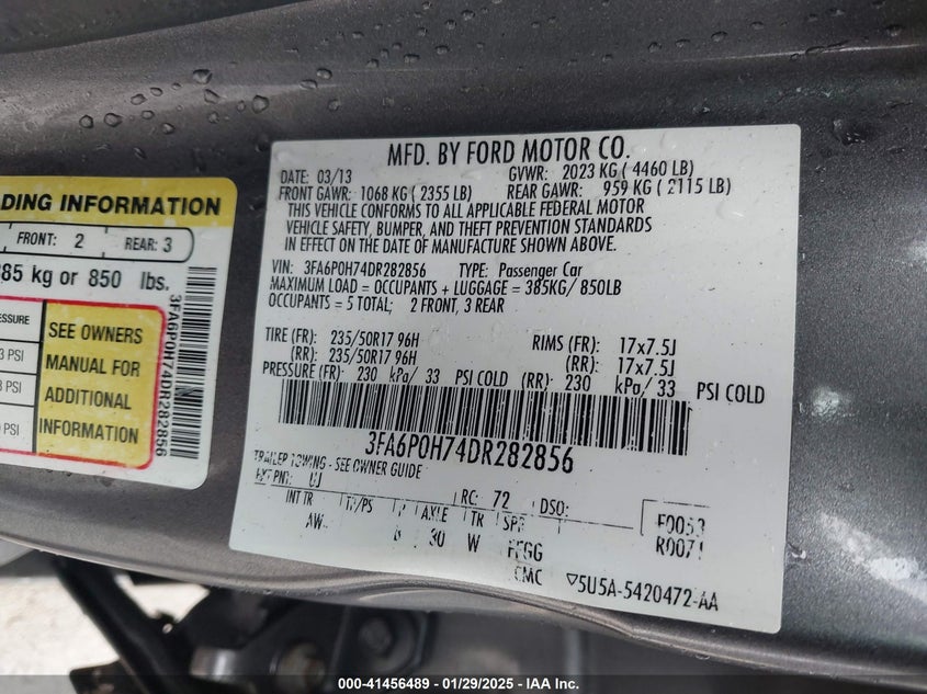 2013 FORD FUSION S VIN: 3FA6P0H74DR282856