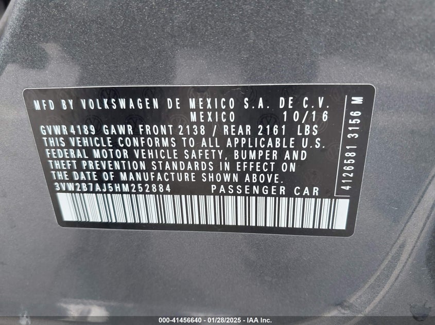 2017 VOLKSWAGEN JETTA VIN: 3VW2B7AJ5HM252884