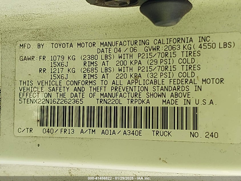 2006 TOYOTA TACOMA VIN: 5TENX22N16Z262365