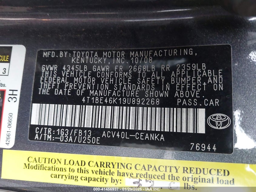 2009 TOYOTA CAMRY VIN: 4T1BE46K19U892268
