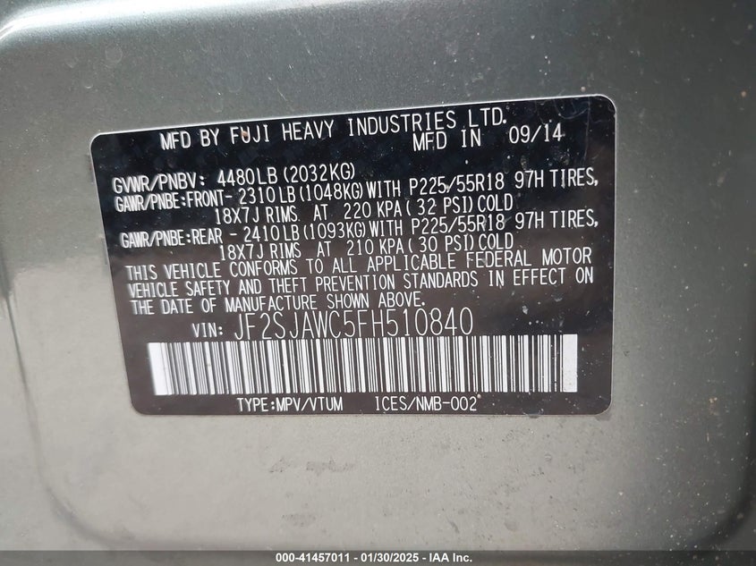 2015 SUBARU FORESTER 2.5I TOURING - JF2SJAWC5FH510840