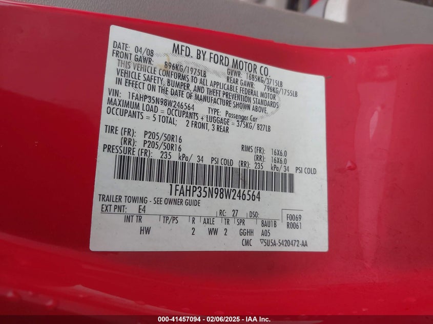 2008 FORD FOCUS VIN: 1FAHP35N88W115089