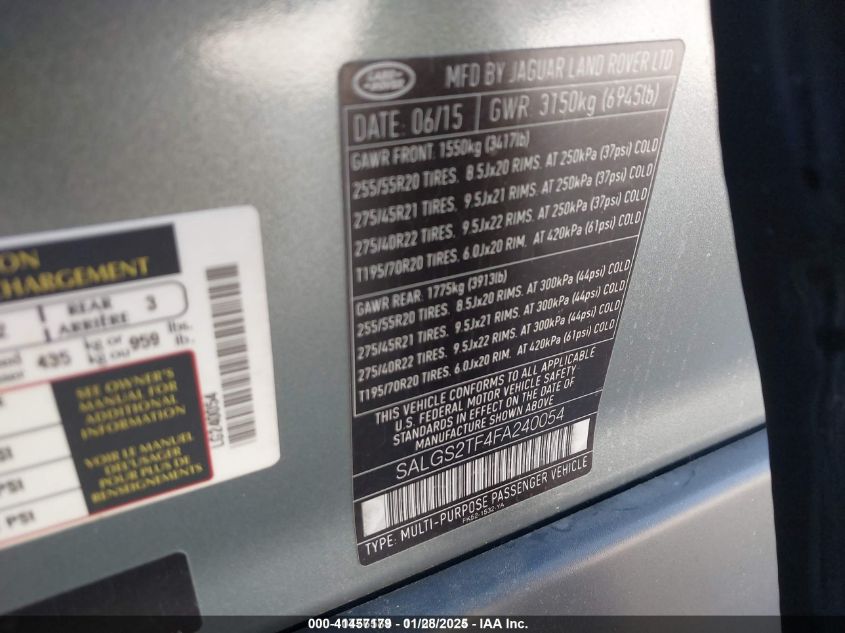 2015 Land Rover Range Rover 5.0L V8 Supercharged VIN: SALGS2TF4FA240054 Lot: 41457179