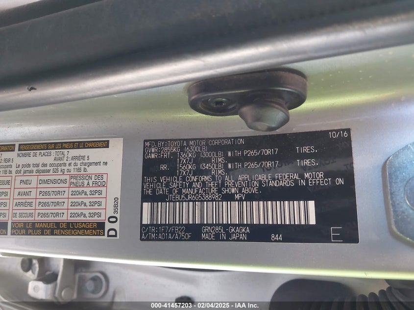 2016 TOYOTA 4RUNNER VIN: JTEBU5JR6G5388982