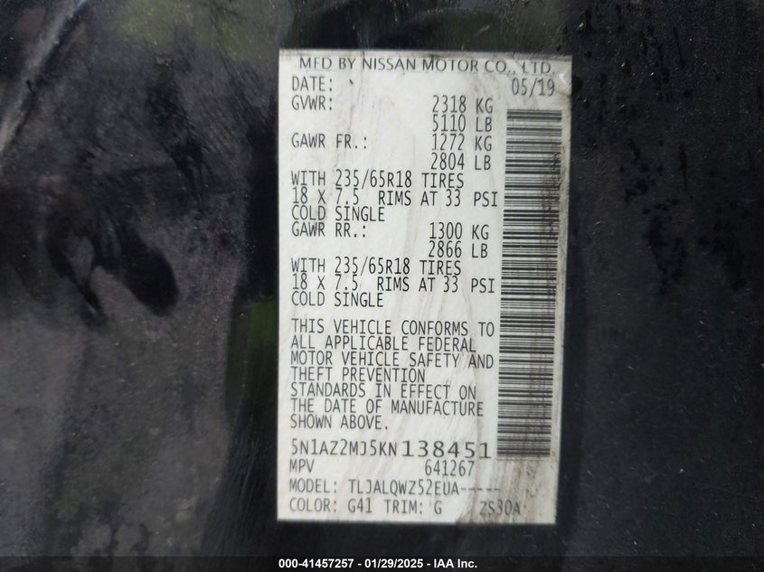 2019 NISSAN MURANO SV - 5N1AZ2MJ5KN138451