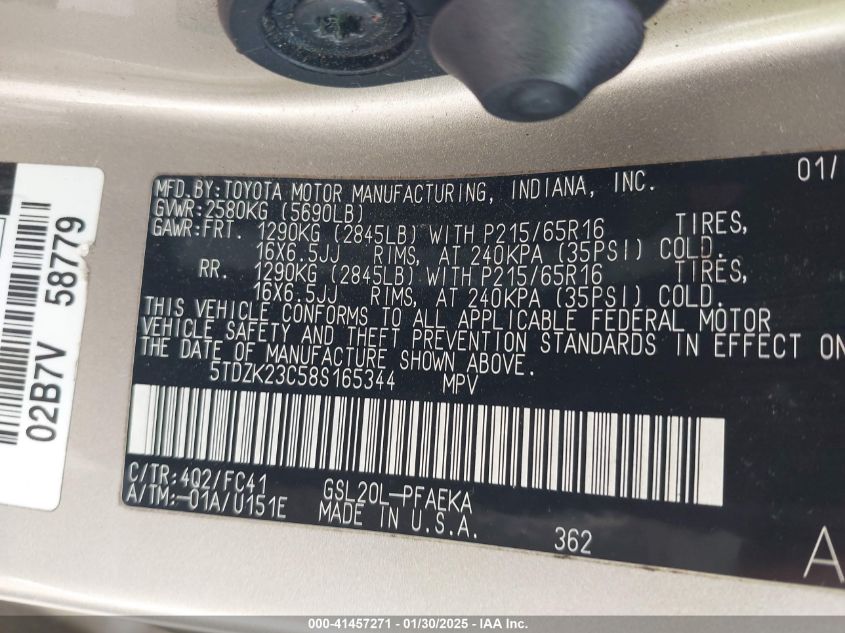 2008 Toyota Sienna Le VIN: 5TDZK23C58S165344 Lot: 41457271