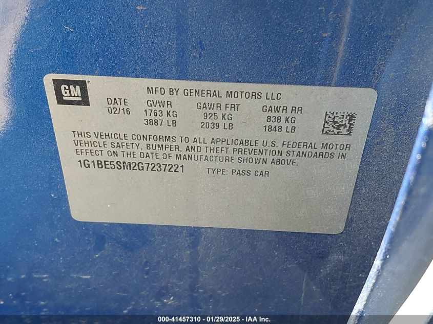 2016 Chevrolet Cruze Lt Auto VIN: 1G1BE5SM2G7237221 Lot: 41457310