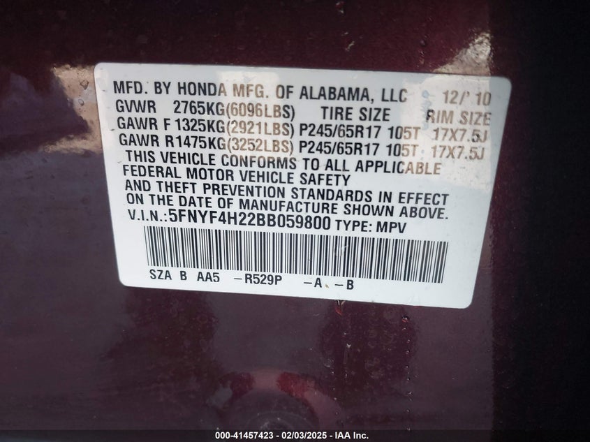 2011 HONDA PILOT VIN: 5FNYF4H22BB059800