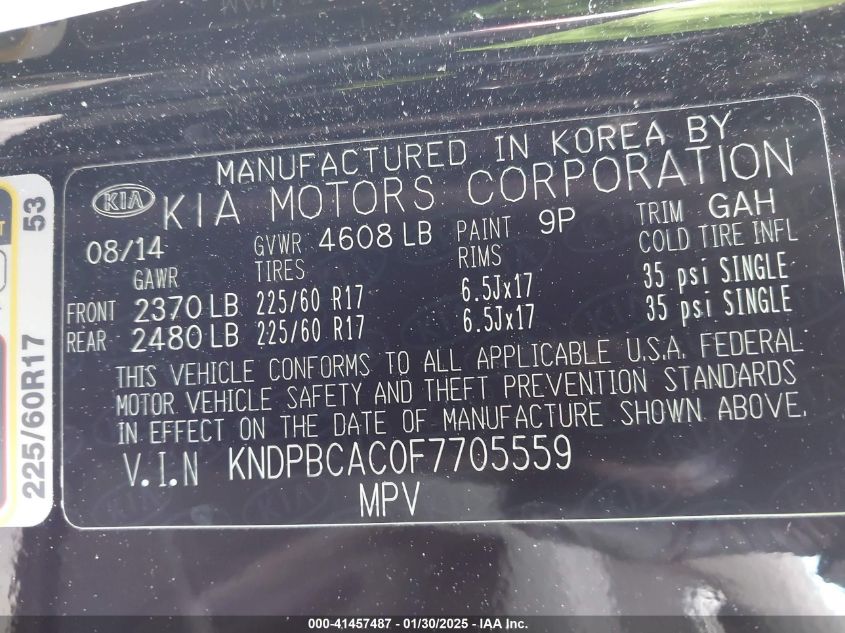 2015 Kia Sportage Lx VIN: KNDPBCAC0F7705559 Lot: 41457487