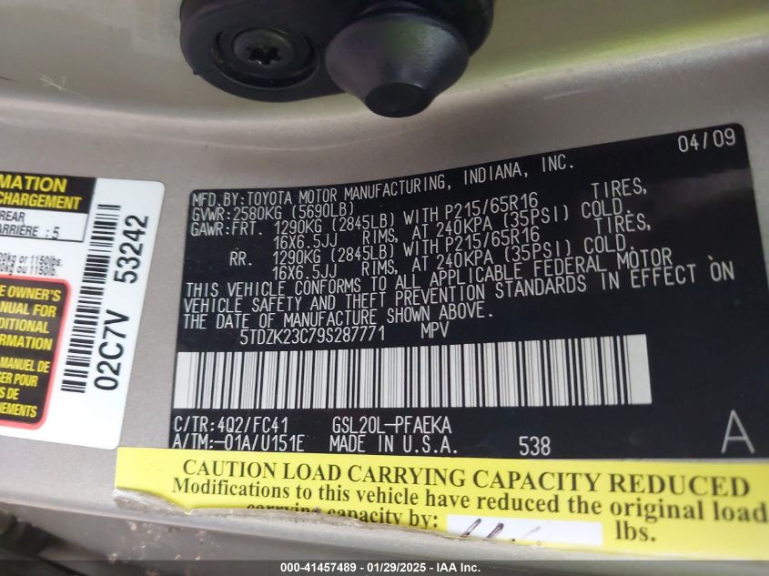 2009 Toyota Sienna Le VIN: 5TDZK23C795287771 Lot: 41457489