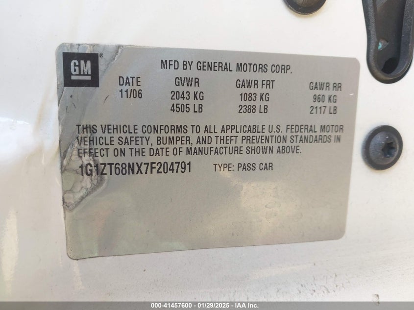 2007 CHEVROLET MALIBU VIN: 1G1ZT68NX7F204791